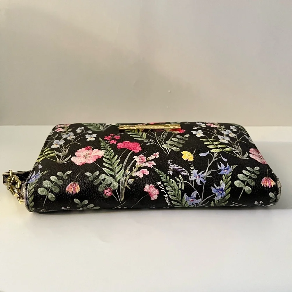 Betsey Johnson Watercolor Black Floral Large Clutch Zip-Around Wallet